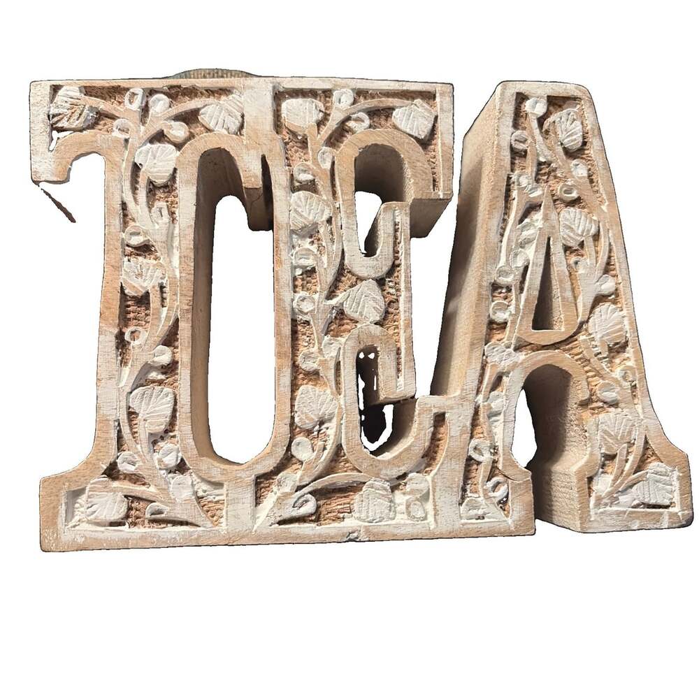 TEA Hand Carved Freestanding Wooden Words Floral/Leaf Pattern 5.5x4x1